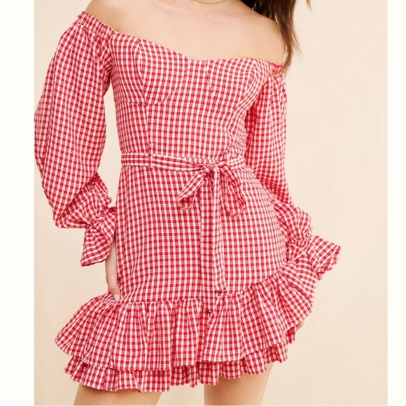 Maeve Anthropologie Red Bare Frill Ruffle Off Shoulder Mini Dress Size 16 - Picture 1 of 10